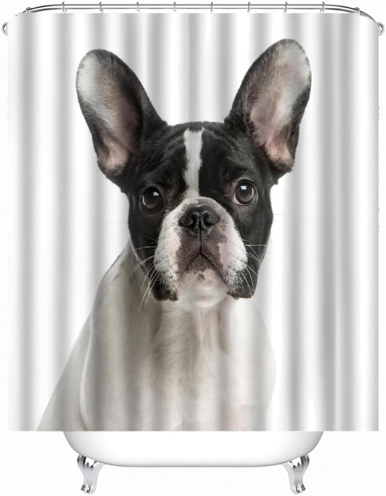 Cortina de Ducha Bulldog Francés, Cortina Ducha 120x180 cm Negro Blanco Cortina Baño Tela Impermeable Antimoho con 8 Ganchos A995