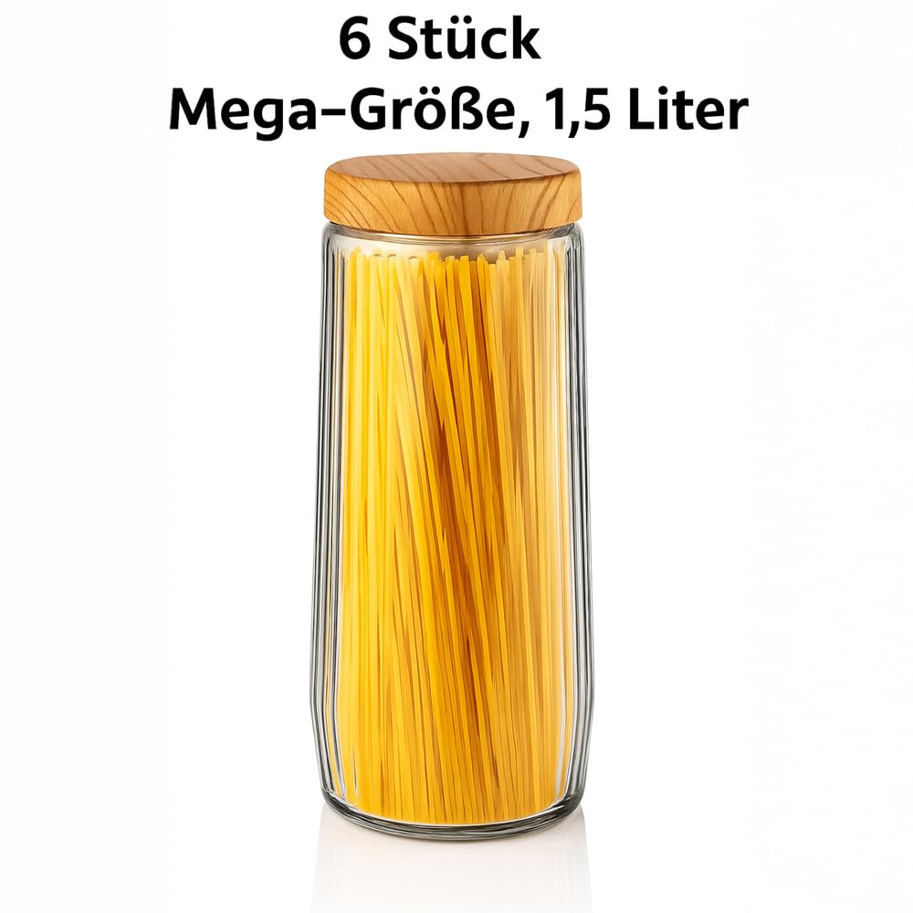 6-teiliges Glas Vorratsdosen Set 1,5L – Luftdicht mit Deckel – Aufbewahrungsgläser für Spaghetti, Konserven, Hülsenfrüchte & Trockenwaren