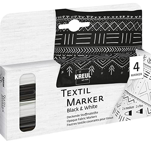 KREUL 92751 - Marcador textil opaco blanco y negro, 2 x medio, 2 x fino, marcadores para tejidos de algodón, batista, lino, seda y tejidos mixtos