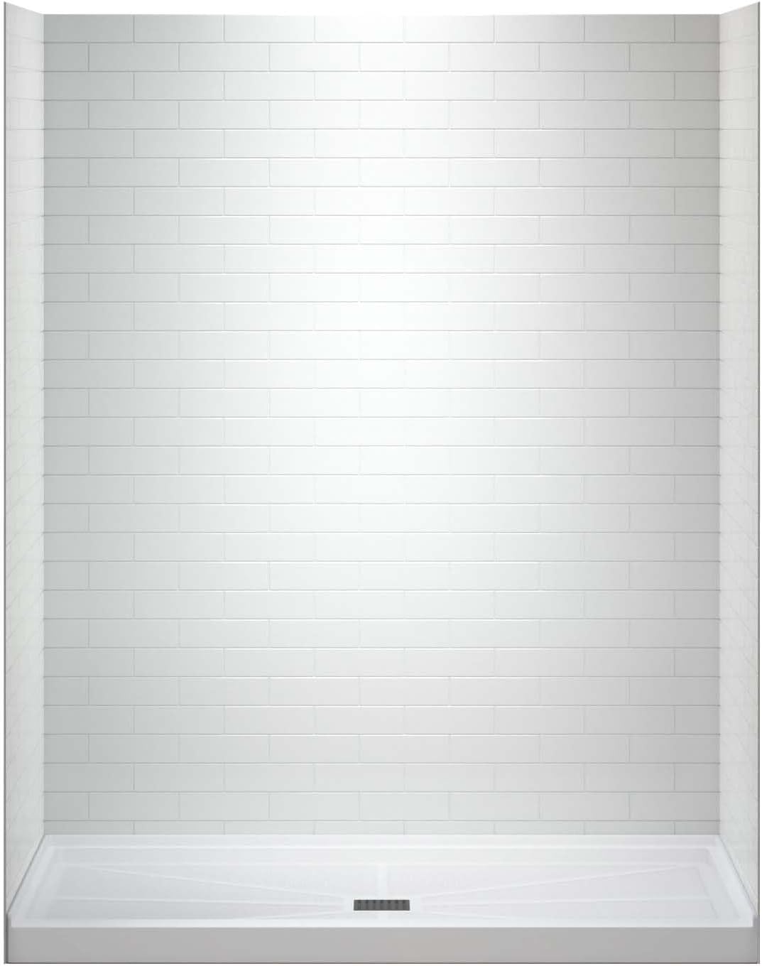 WOODBRIDGE 60 L x 36 W x 75 H Alcove Solid Surface Shower Combo Kits with Glue Up Shower Walls in Glossy White and Single Threshold Shower Base in White with Center Drain and Black Cover Center Drain HG White/White(Black cover) 75" H x 60" W x 36" D