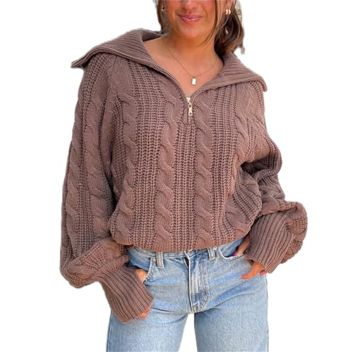 Women Cute Chunky Cable Knit Sweater Long Sleeve Quarter Zip Pullover Jumper Y2K Trendy Cozy Going Out Tops Knitwear