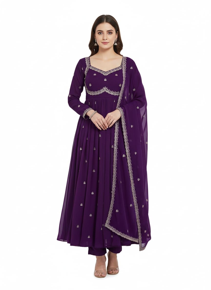 Women's Embroidered Georgette Anarkali Gown Set with Dupatta | Full Length Flared Ethnic Dress | Festive, Party, Wedding for Women(PD-1115)-image-43
