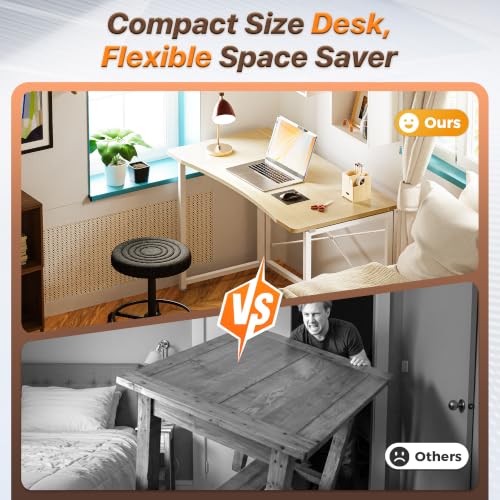 Image of Huuger Folding Desk for Small Spaces, 39.4 Inch Foldable Computer Table | Easy Assembly, Small Writing Work Office Computer Desk, for Home Office, Study, Bedroom, Dorm, Space Saving, Oak