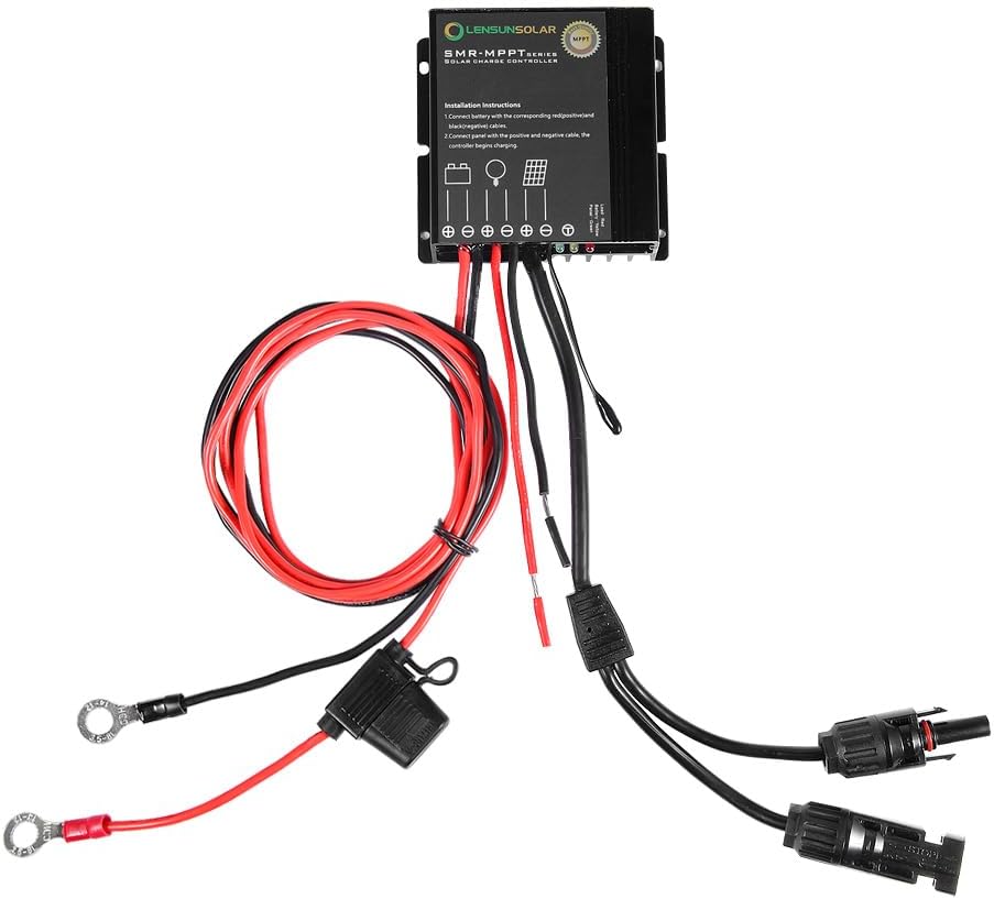 LENSUNSOLAR Waterproof 12V 10A MPPT Solar Charge Controller Regulator with Battery Alligator Clips and Standard Solar Connectors for Lithium LiFePO4 AGM Gel Lead-Acid Vehicle Batteries Black