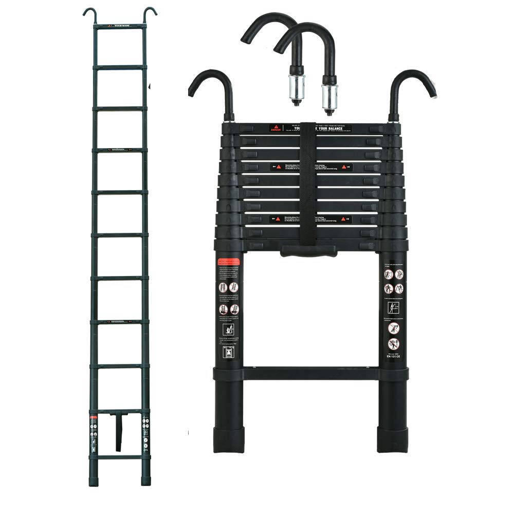 Échelle Pliable en Aluminium de 3,2m Noir Échelle de Grenier avec Crochets de Toit,Folding Ladder Charge Maximale: 150kg, 11 Échelons