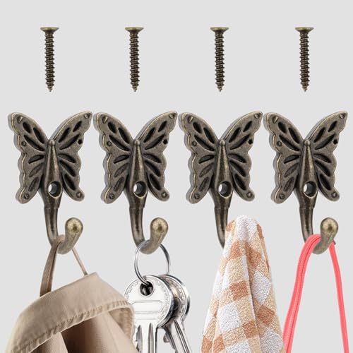 Brosay Butterfly Coat Hooks Rustic Wall Hooks Decorative Towel Hooks Vintage Wall Mounted Metal Hanger for Robe Key Bags Scarves Home Decor Hook 4Pcs (Copper)