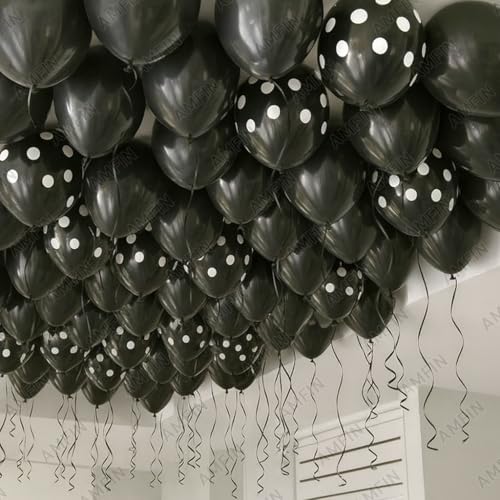 Image of AMFIN (Pack of 25) Polka Dot Black & Solid Latex Black Party Balloons - Birthday Wedding, Baby Shower, Anniversary, Graduation, Halloween, New Year Decorations