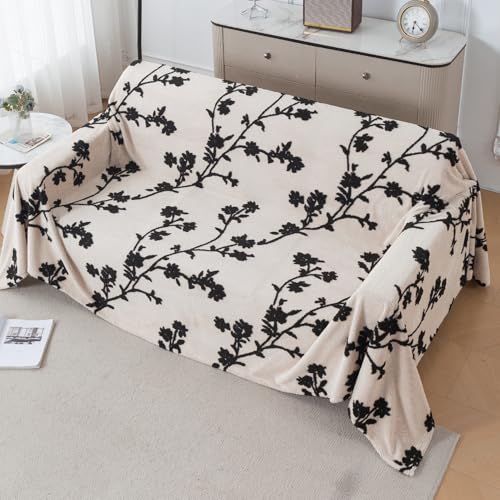 Image of HOKIPO Plush Sherpa Sofa Cover for 3 Seater Sofa | Thick Cozy Washable Sofa Throw | Full Protection Sofa Cover, 'Noirea Series' Botanical Vine (180x310 cm) (AR-6653-D5)