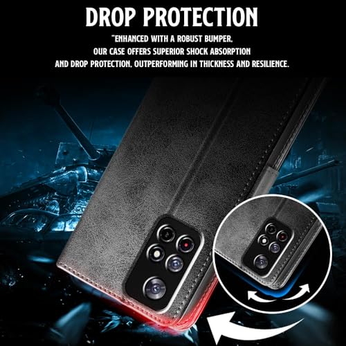 Image of WOW IMAGINE Shock Proof Flip Cover Back Case for Redmi Note 11T 5G | Poco M4 Pro 5G (Magnetic Button Flip Case | Wallet Pockets & Stand | Leather Finish | Haze Black)
