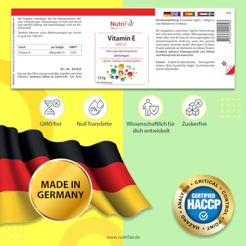 Vitamin E 400 I.E. - mit 268mg Vitamin E pro Softgel - 200 Softgels - Hochdosiert - Deutsche Produktion & Laborprüfung - NutriFair | Premium & Fair – Bild 4