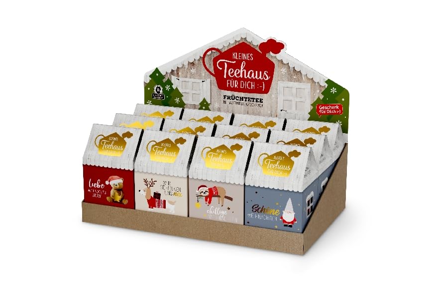 Mini Teehaus Weihnachts-Geschenkset- 12er Display mit 8x 3,5g Früchtetee Sauerkirsche - Sortierte Motive - Ideal als Wichtelgeschenk und Adventskalender-Füller (Display - Rot)