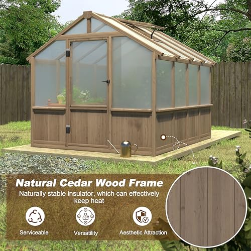 Image of MUPATER 8' x 8' Wooden Polycarbonate Greenhouse with Ventilated Window & Lockable Door, 6mm Polycarbonate Panels for UV Protection, Walk-in Greenhouse for Outdoors, Patio, Backyard, Brown