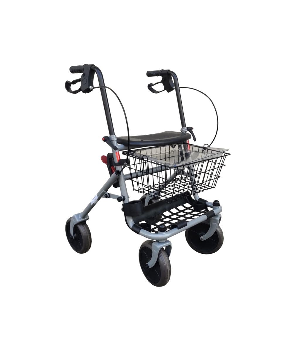 Ausilium Deambulatore Rollator Pieghevole a 4 Ruote con Freni, Seduta e Cestino per Anziani, Porta bastone, Peso 10 kg, Portata 120 kg, Regolabile in Altezza