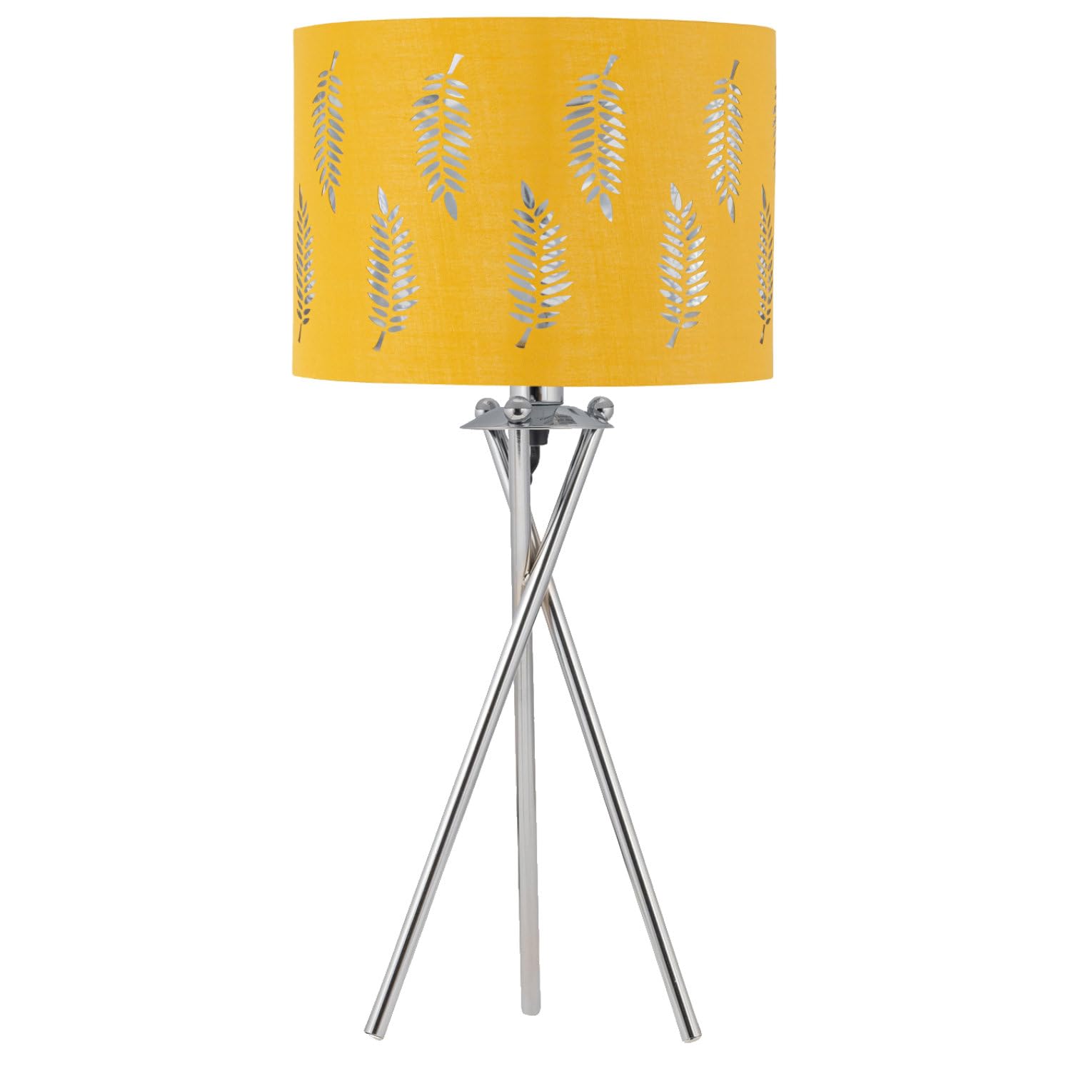 Firstchoicelighting Chrome & Ochre Chrome Tripod Table Lamp With Ochre Fern Cut Out Shade