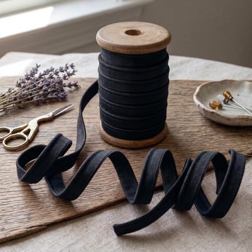 IDONGCAI 5 Yards Black Piping Trim with Cord, 0.5inch Shiny Satin Bias Tape for Sewing - Professional Edge Trim for Pillows, Cushions, Upholstery & DIY Home Decor