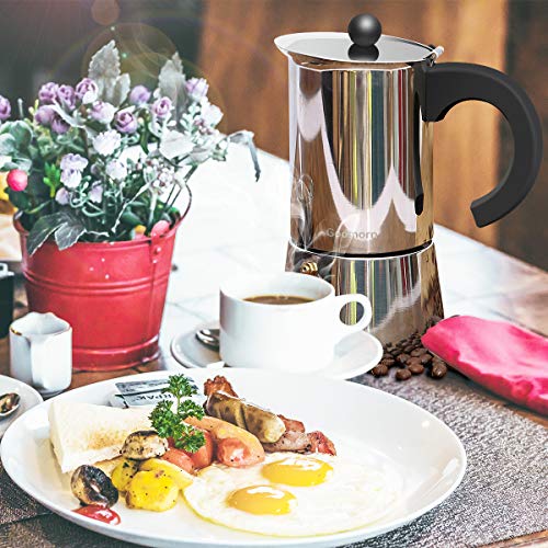 Stovetop Espresso Maker Moka Pot, Godmorn Italian Coffee Maker Percolator, 300ml/10oz/6 cup (espresso cup=50ml), Stainless Steel, Suitable for Induction Cooker, Thicken Wall, Heat Insulated C Handle - Thumbnail 4
