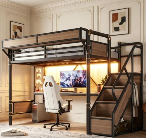 Image of Bellemave Twin loft Bed with Storage Stairs, Wardrobe, Shelves, Metal Twin Loft Bed Frame for Adults, Kids, Teens, Black+Natural Wood with Black Stairs