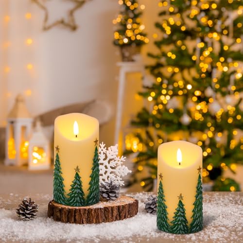 Image of Christmas Tree Flameless Flickering Candles Battery Operated with 6H Timer 3D Wick LED Pillar Candles Real Wax Hand-Painted Dinner Holiday Christmas Indoor Decoration(2 Pack, 3 inch D x 5.7 inch H)