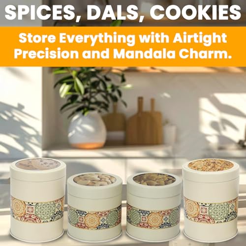 Image of Mandala Collection Airtight Kitchen Container Set| 450ML+1100ML- Set of 4| Food Grade Metal Jars for Spices, Cookies, Millets & Dry Food Storage| Vacuum Lid, Rust Resistant| Beige Rangoli