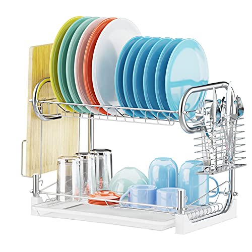 Dish Drying Rack, Veckle 2 Tier Dish Drainer Easy Install Non-Slip Dish Rack Chrome Plated Dish Dryer with Removable Drain Board, Utensil Holder, Cutting Board Holder for Kitchen Counter, Silver