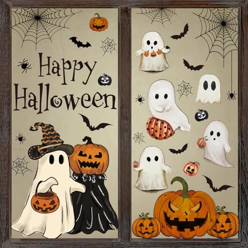 Whaline 6 Sheets Halloween Window Clings Vintage Ghost Evil Pumpkin Bat Reusable Window Decals for Halloween Fall Party Supplies Home Glass Decor
