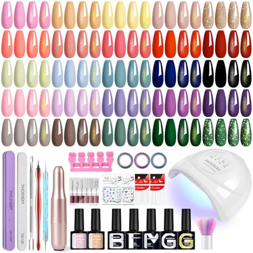 Kit Vernis Semi Permanent Phoenixy avec Ponceuse pour Ongles Lampe UV 25 Couleur Vernis Semi Permanent Kit Ongle Gel U V Complet Base et Top Coat Rose Rouge Adapté aux...