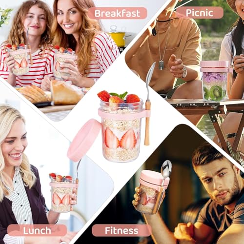 Image of KHEDU FAB 1 Pcs Glass Overnight Oats Jars With Spoon And Lid 350 ML - Airtight Container With Measurement Marks, Mason Jars With Lid and Silicone Spoon Holder Ring - Leak Proof Oats Jar Container