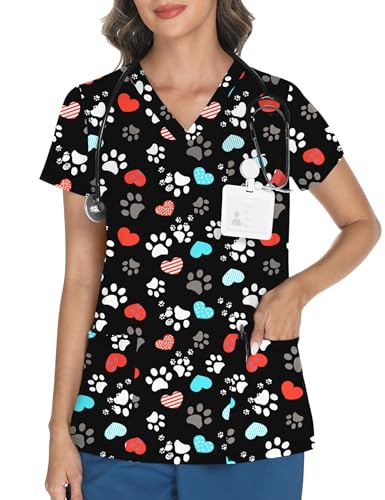 LOMON Pediatric Scrubs for Women V Neck Print Scrub Tops Lovely Animals Scrub Shirts with 3 Pockets Footprints Hearts XL