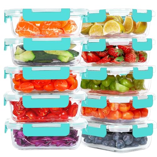 KOMUEE 10 Packs 22 oz Glass Meal Prep Containers, Glass Food Storage Containers with Lids, Airtight Lunch Boxes BPA Free, Microwave and Freezer Safe, Green