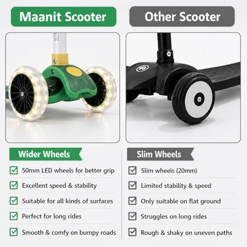 Image of Maanit LED Scooter for Kids (3-12 Years) | Foldable Kick Scooter with LED Light-Up Wheels | Adjustable Height Handlebar | 3-Wheel Stable for Boys & Girls | Outdoor Fun Ride-On (Green)