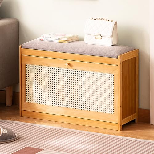 Banco de zapatos marrón claro con asiento acolchado que ahorra espacio de almacenamiento para pasillo, dormitorio, sala de estar, 70 cm, elegante zapato tapizado, muebles de entrada