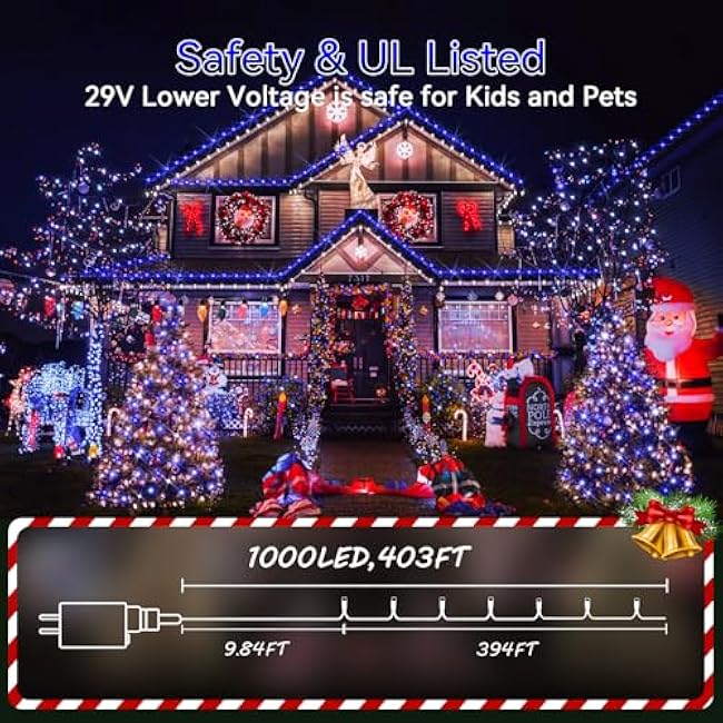 Hezbjiti Christmas String Lights Outdoor, 1000 LED 394ft 8 Lighting Modes Christmas Fairy Lights with Remote and Timer for Home, Birthday, Wedding, Party, Tree Decorations (1000 LED, Blue)