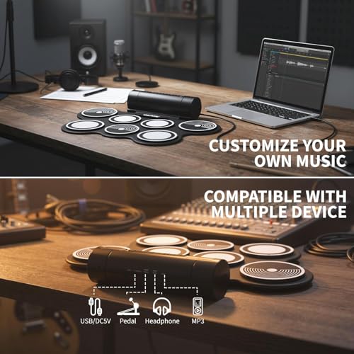Image of Wireless Electronic Drum Set with 7 Pads, Portable Roll-Up Practice Kit for Kids & Beginners , Built-in Speaker, LED Lights, Recording & Headphone Output ,Includes Kick Pedal, Drum Sticks