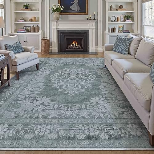 9x12 Area Rug Gray Washable Vintage Distressed Living Room Carpet Large Bedroom Indoor Medallion Floral Non Slip Retro Throw Floor Mat for Office Dining Room Kitchen Bathroom