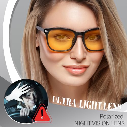 Image of Polarized Sunglasses for Women Men Night Vision Glasses Anti Glare | Yellow Anti Glare UV400 Lens, Lightweight Square Frame, for Day Night Use, Driving, Fishing, Cycling, Traveling