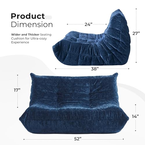 Image of Giant Bean Bag Chairs Loveseat for Adults,2 Seater,Navy Blue | Loveseat Fireside Chair, Memory Foam Lazy Bean Bag Couch for Living Room, Bedroom, Dorm, Office