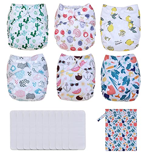 Image of TDIAPERS Cloth Diapers Washable Reusable One Size Adjustable for Baby 6 Pack with 10 Inserts, 1 Wet Bag
