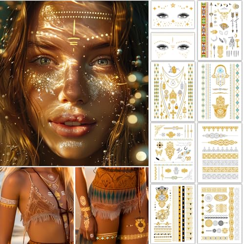Boho Gold Temporary Tattoo Set, Body Glitter & Face Glitter Freckles for Women Sexy, 150+ Metallic Temporary Tattoos for Women Girls Kids for Bachelorette Party Beach Festivals Cosplay Dates, 9 Sheets