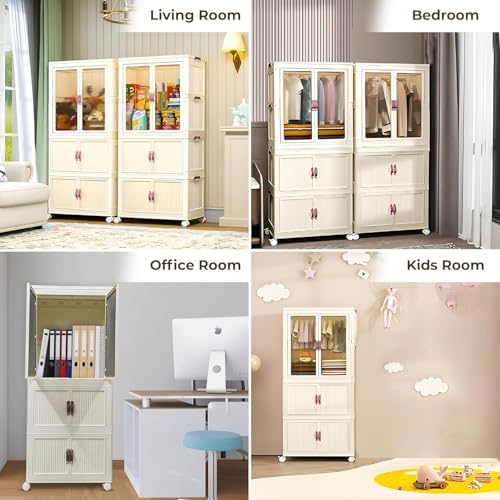 Image of Strassis Design 4-Door Plastic Wardrobe for Kids| Almirah and wardrobes for Baby Clothes| Modular Storage Cabinet with Wheel| Kids Multipurpose Organiser for Clothes /Shoes /Books /Toy -White-713