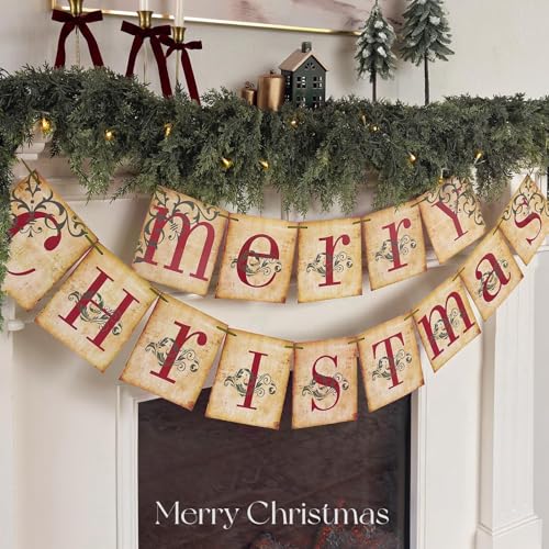 Christmas Decorations - Vintage Merry Christmas Banner - Retro Nostalgic Traditional Old Fashioned Victorian Xmas Holiday Clearance Decor for Indoor Home Office Fireplace Mantle Farmhouse