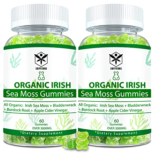 Sea Moss Gummies with Organic Burdock Root, Bladderwrack, Apple Cider Vinegar, Rich in Iodine - Promote Digestion & Immune Support for Adults Kids,Vegan Wild Crafted Irish Sea Moss Supplement,60 Cts*2