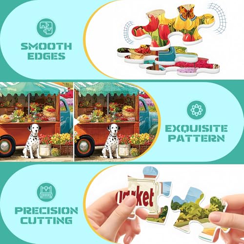 Rompecabezas de 500 piezas para adultos – Camión de flores y mercado, perro y tulipanes en jardín, desafiante, ideal para noches de juegos, 20,5 x 15 pulgadas miniatura 3