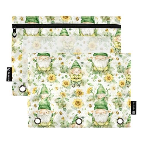 PDYRLEN Binder Pencil Pouches, Sunflowers and Gnomes Pencil Case with Clear Window 3 Rings Pen Case Holder School Office Supplies Cosmetic Makeup Bag 2 Pack -  g427459821p898c956s2138