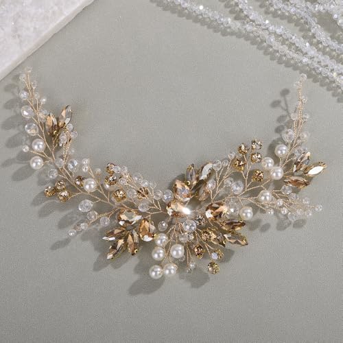 Rumtock Champagne Hair Piece for Women Wedding Special Occasion Hair Comb Headband Handmade Gold Jewelry (Champagne)