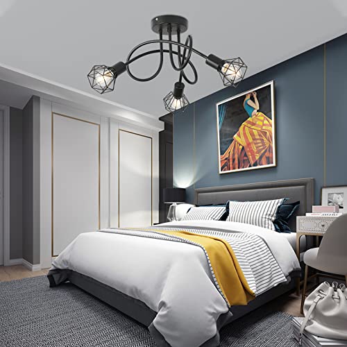 Industrial 3 Way Ceiling Light Chandelier Semi-Flush Mount E14 Base Black Metal Caged 3 Lights Ceiling Light Fixture for Bedroom Living Dining Room Hallway(Bulbs not Include) - Image 4
