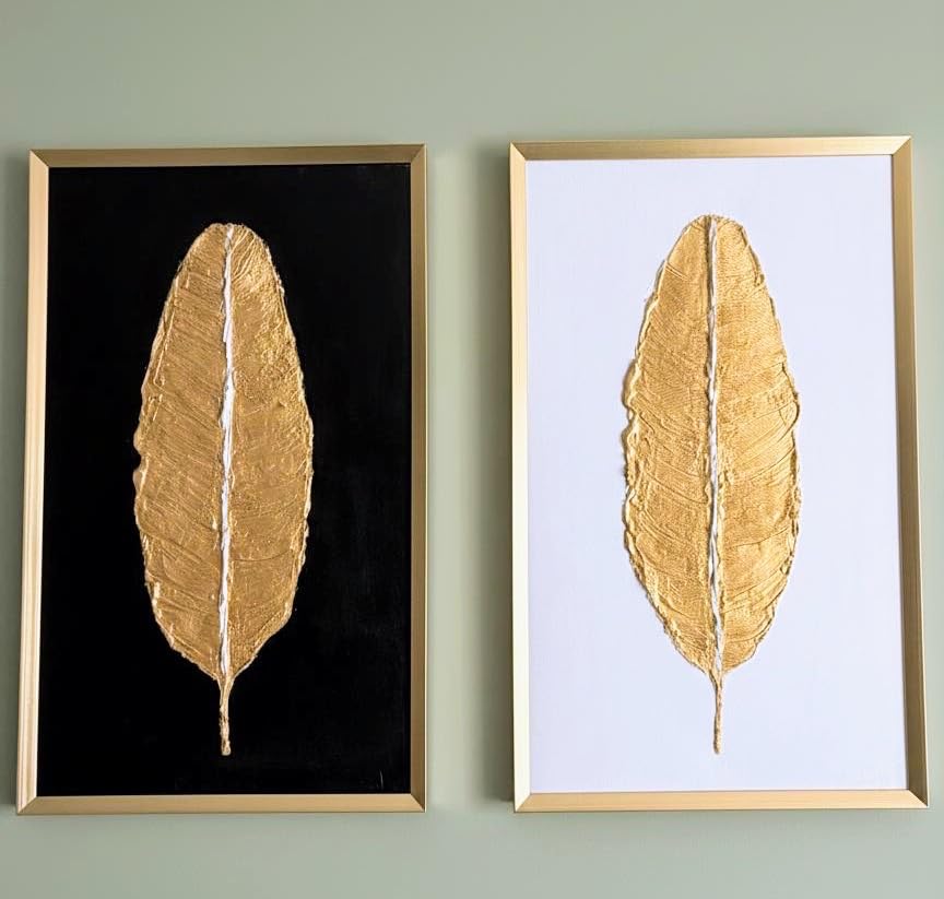 Luxury Minimal Abstract Leaf Art Original Handmade Acrylic Painting Set of 2, 30x18 Inch, Framed and Artist Signed