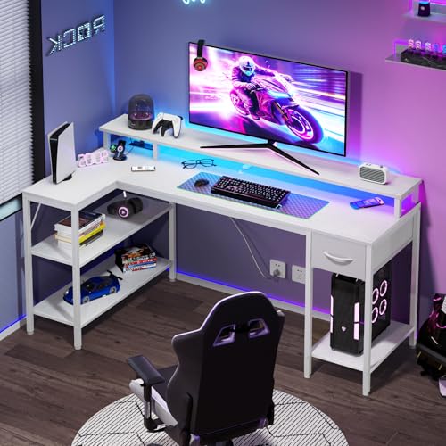 Image of DUMOS 53 Inch Gaming Desk, Monitor Stand, LED Lights | Storage Shelves, USB Charging Ports, Power Outlets, Reversible L Shaped Corner, Home Office Small Space, White