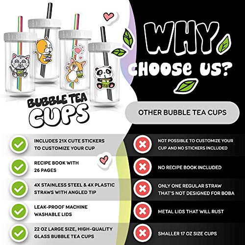 4-Pack Reusable Bubble Tea Cup Set – 22oz Glass Boba Tea Cups with Lids & Straws – Bubble Tea Gift Set Includes Recipe Book & Stickers - Reusable Boba Cup for Milk Tea & Smoothie & Iced Coffee