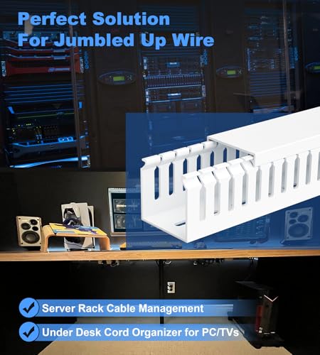 Image of 2 inch H x 2 inch W Cable Raceway, 66in Under Desk Wire Management Channel, White | Slotted Wire Duct, 4Pack, 16.5in Each, Heavy-Duty PVC Cable Management for Server Racks, Network Cables & Electrical Cabinets