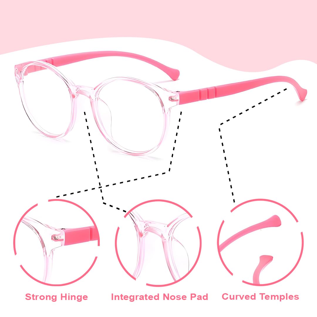 SYGA Children's Anti-Blue Light Glasses Lightweight Round Flat Glasses Frames For 4-12 Years old Kids (Transparent pink frame pink legs) - Image 3 thumbnail